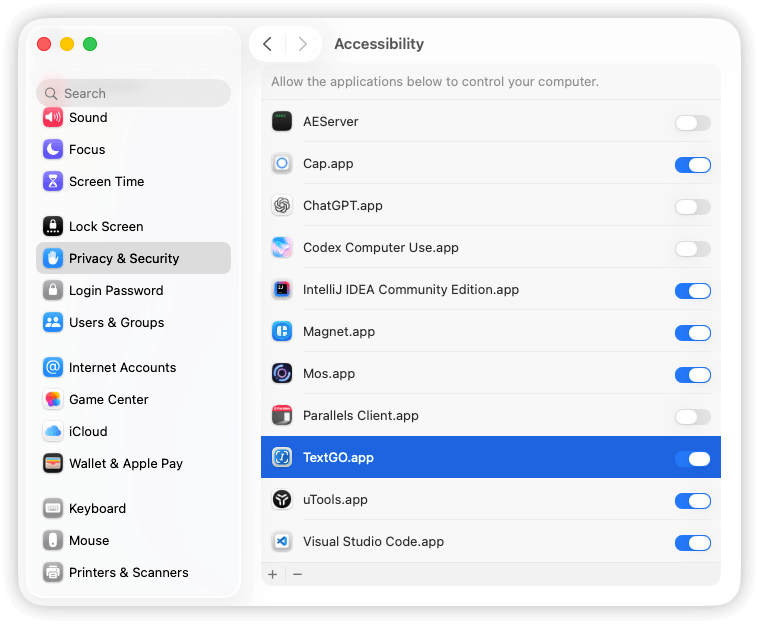 TextGO enabled in macOS Accessibility settings
