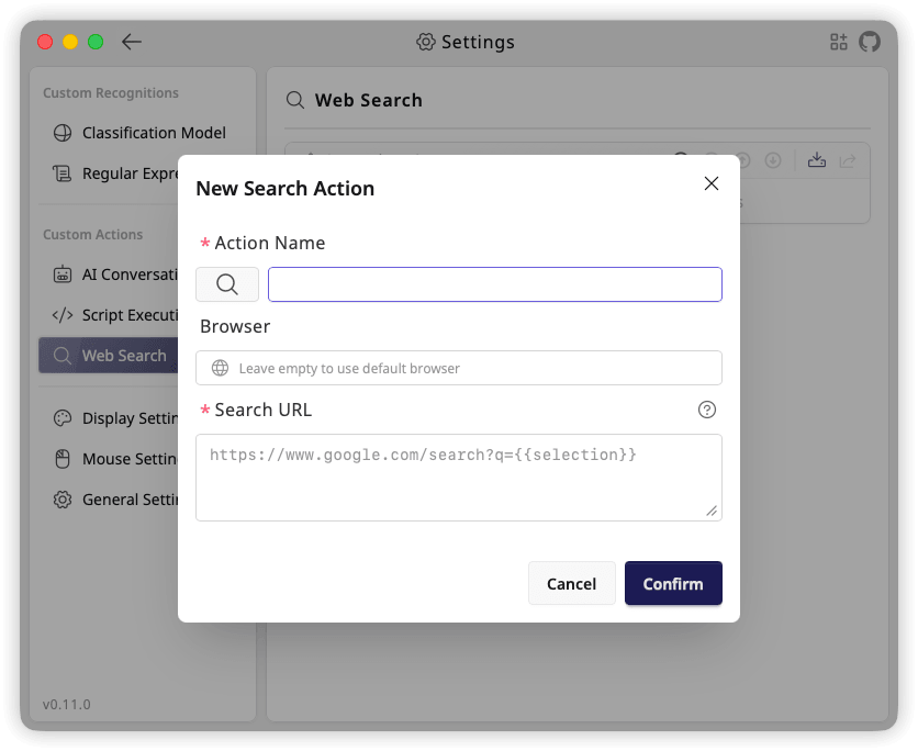 TextGO web search action editor